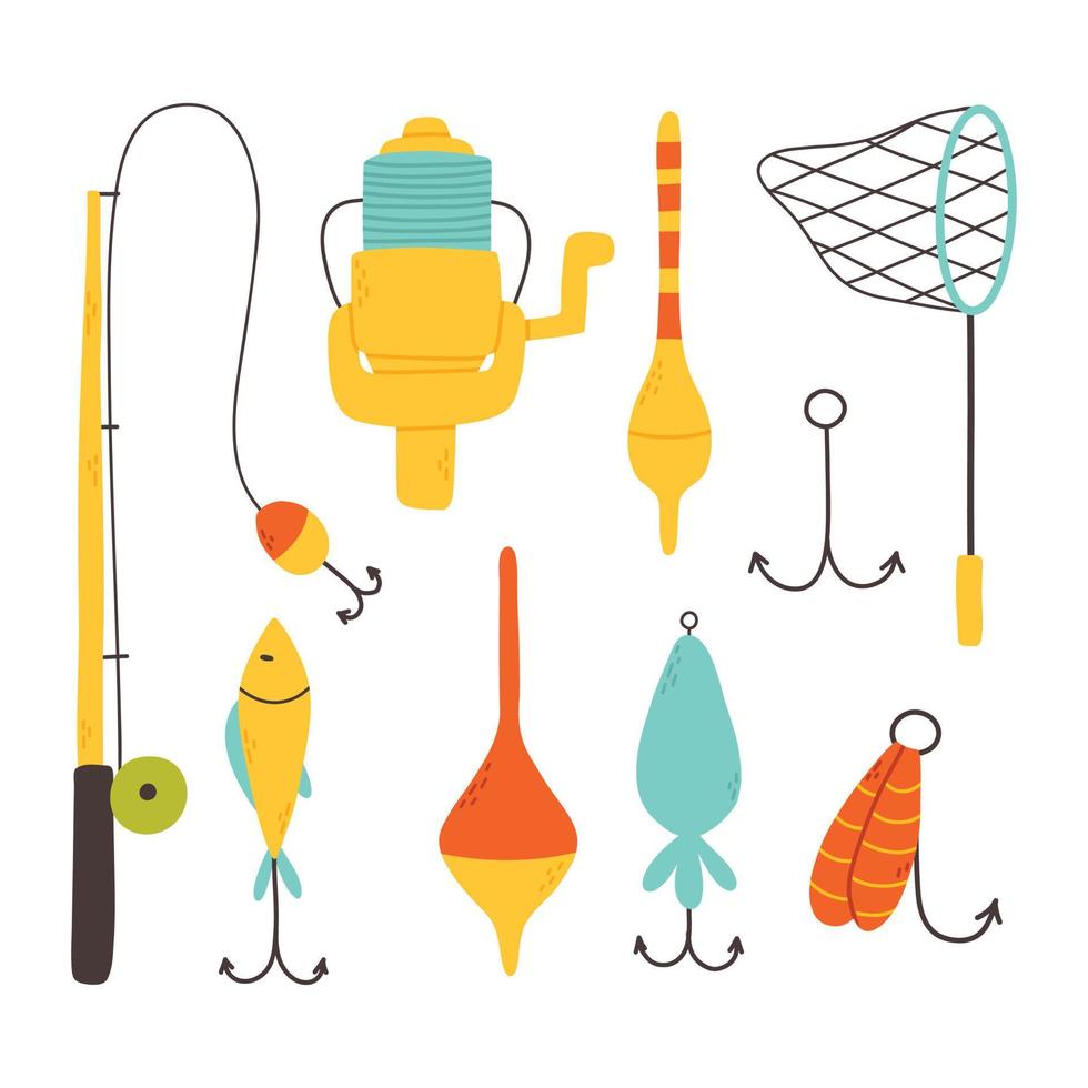 Set of elements for fishing. Collection of tackle and lures for fishing. Vector illustration. Flat style. Bright set for summer fishing.