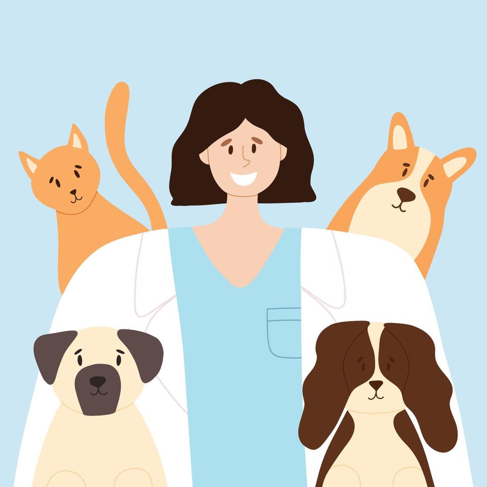 Happy veterinarian with happy cat and dogs. Animal care vector illustration. Flat style. Girl veterinary doctor.Banner to World Veterinary Day.