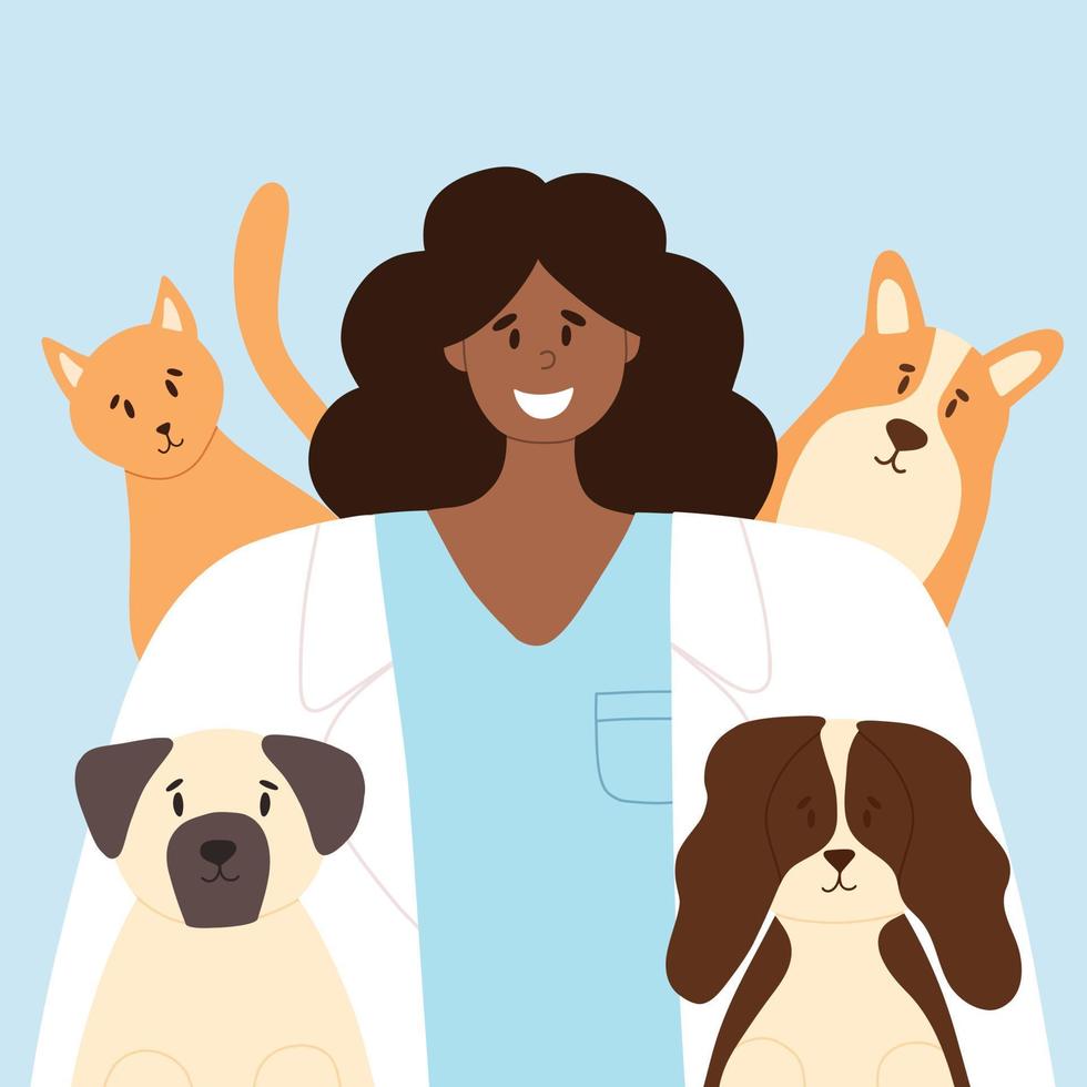 Happy veterinarian with happy cat and dogs. Animal care vector illustration. Flat style. Girl veterinary doctor.Banner to World Veterinary Day.