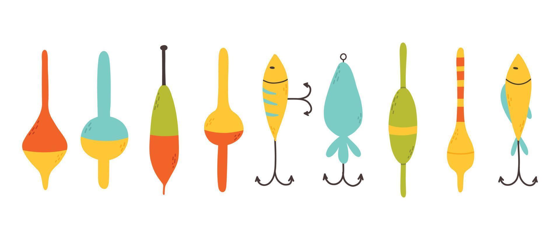 Set of elements for fishing.Collection of tackle and lures for fishing.  Vector illustration. Flat style. Bright set for summer fishing. 22388040  Vector Art at Vecteezy