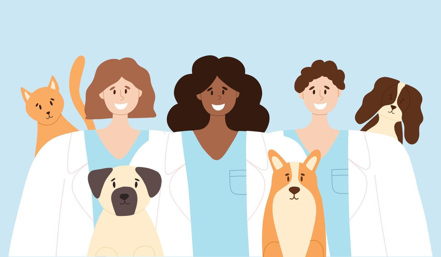 Happy veterinarians with happy cat and dogs. animal care vector illustration. flat style. Girls and guy veterinarian. Banner for World Veterinary Day.