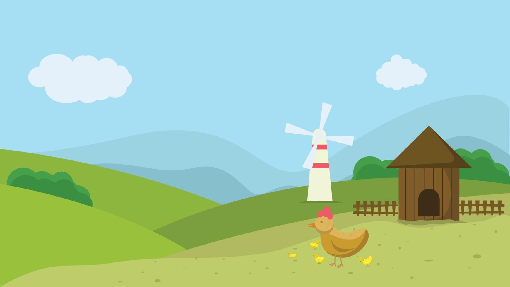 Chicken farm background cartoon. chicken house, land, windmill, gate, mountain, clouds vector illustration.