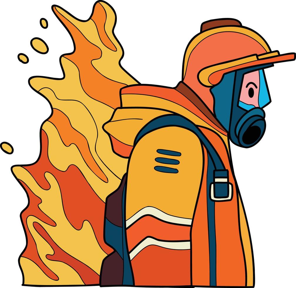 bombero con fuego traje ilustración en garabatear estilo vector