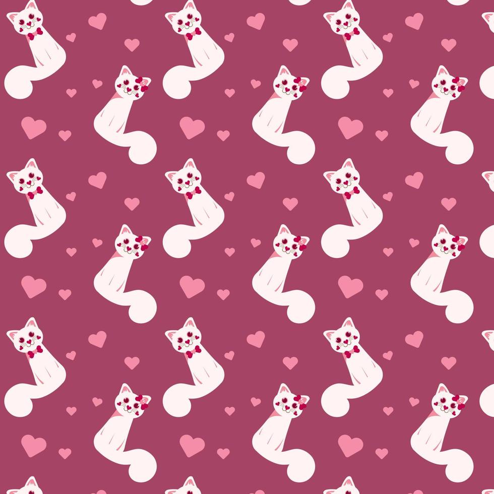 Seamless pattern with white cats and pink hearts on purple background. Vector illustration