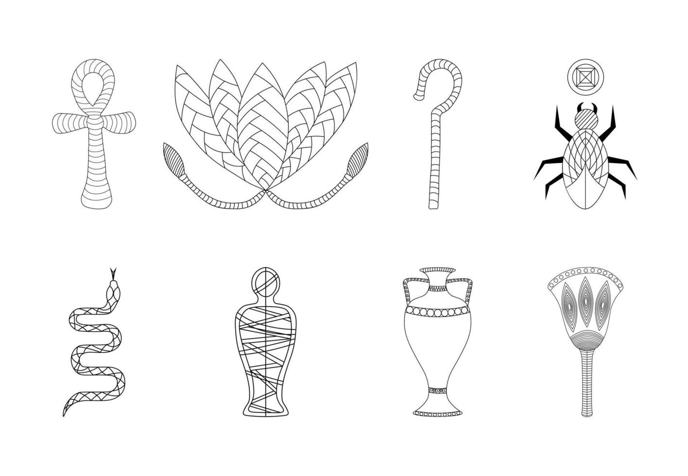 Egyptian icons set. Ankh, lotus, scepter, pyramid, scarab, snake, mummy, vase, Egyptian lotus. Anti stress vector illustration