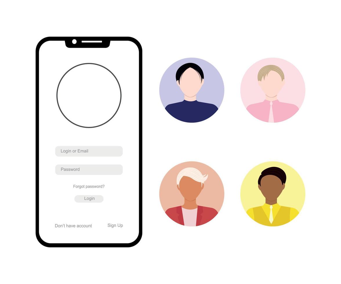 Set of male profile avatars. Login authentication concept on smartphone screen vector