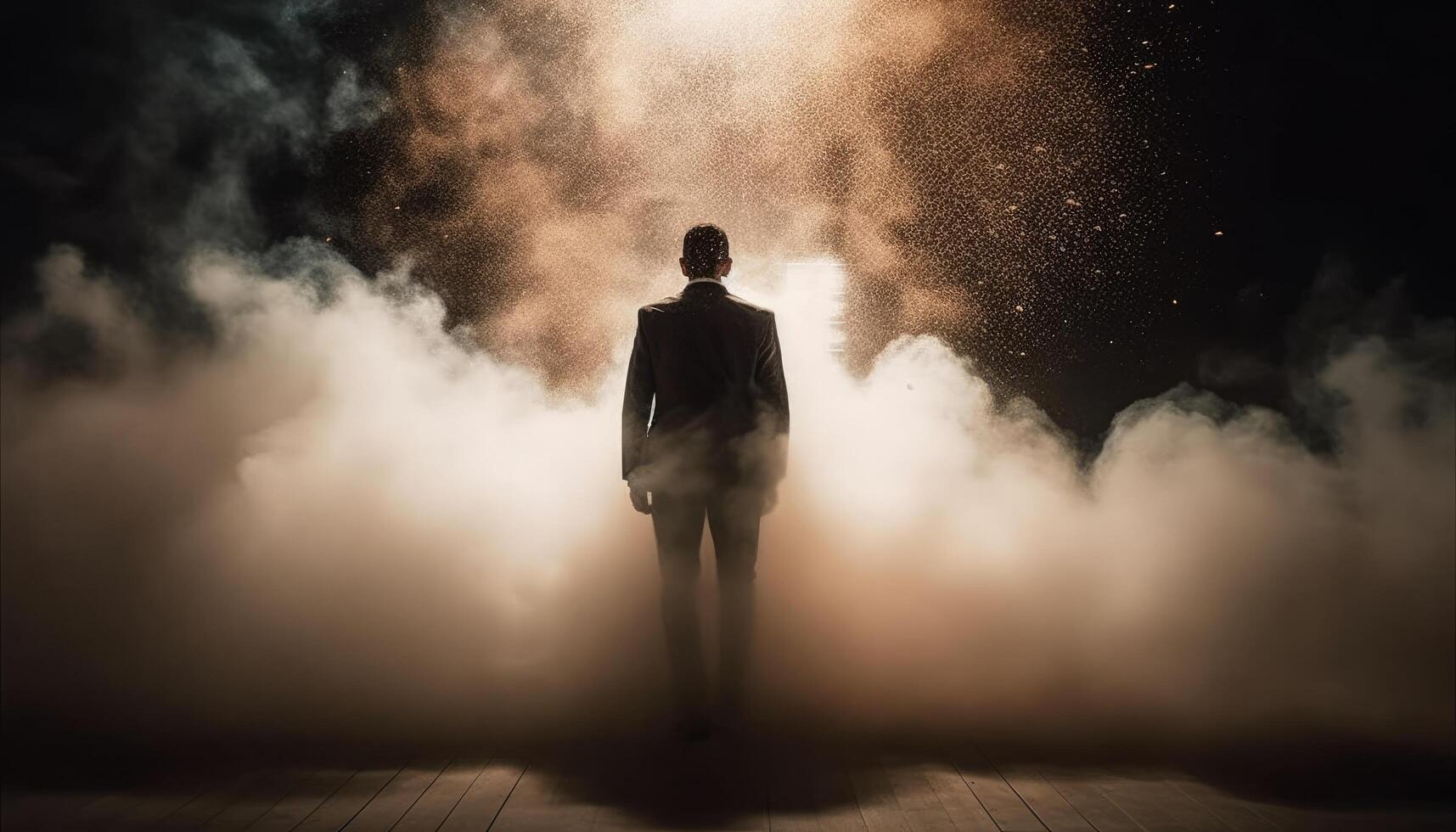 A business person emerging from a cloud of smoke, like a superhero making a entrance. photo