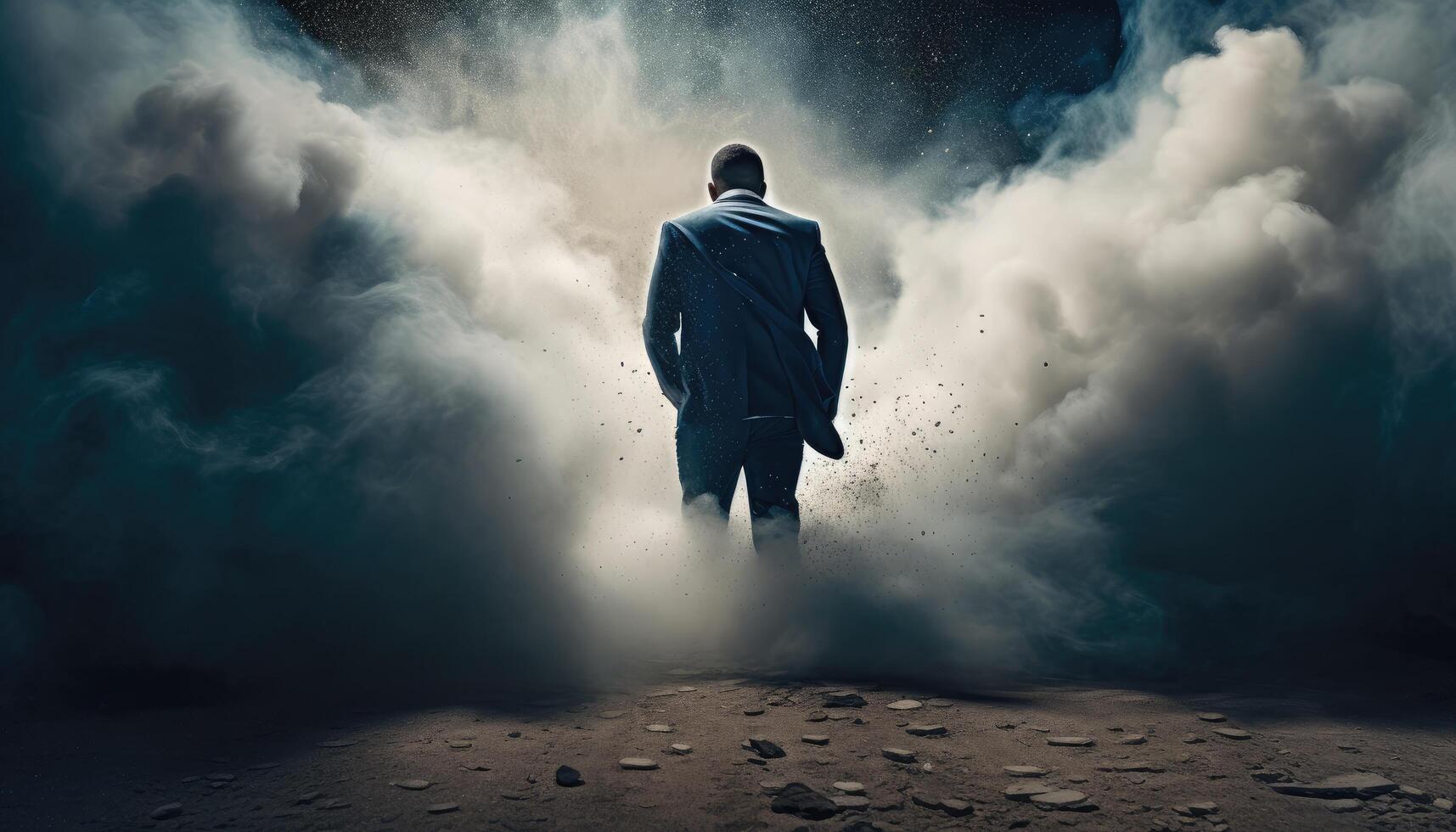 A business person emerging from a cloud of smoke, like a superhero making a entrance. photo