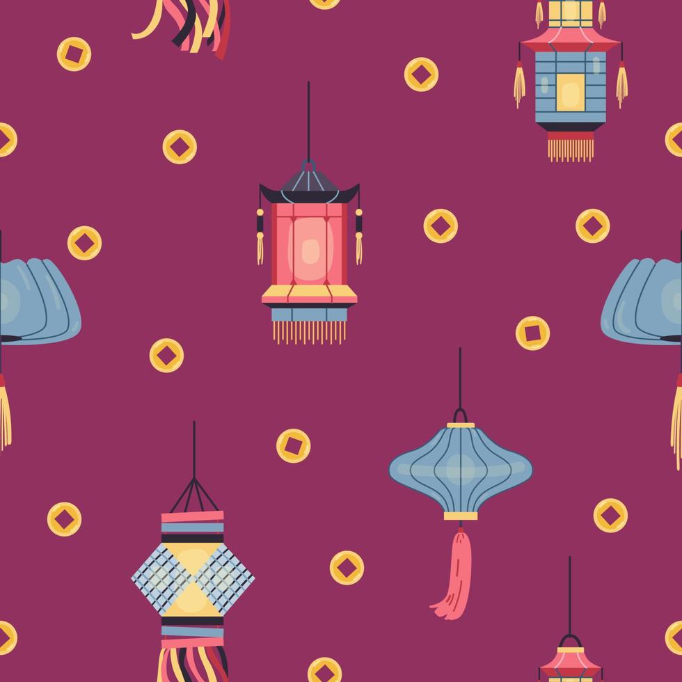 Chinese paper lanterns and golden coins seamless vector pattern.