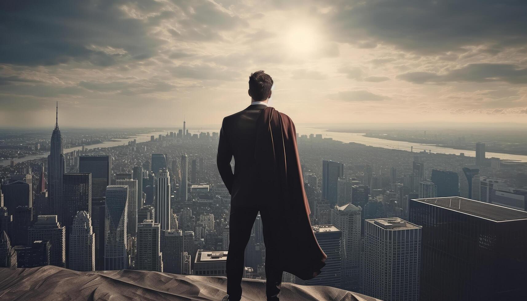 A business person standing top a skyscraper, looking out over the city with a superhero pose. photo