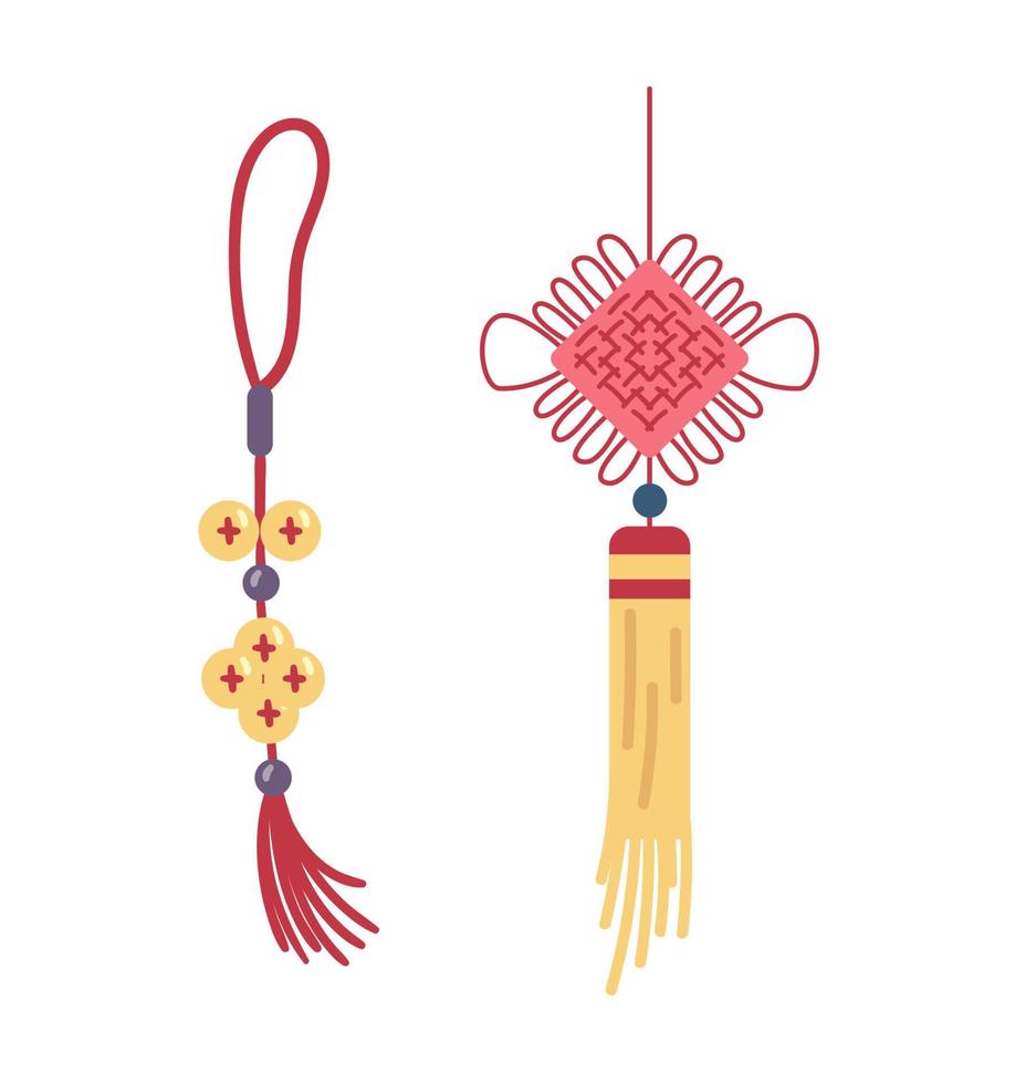 chino amuletos para poder, suerte y prosperidad vector ilustración aislado en blanco. feng shui encanto con monedas, rojo borla y infinito nodo.
