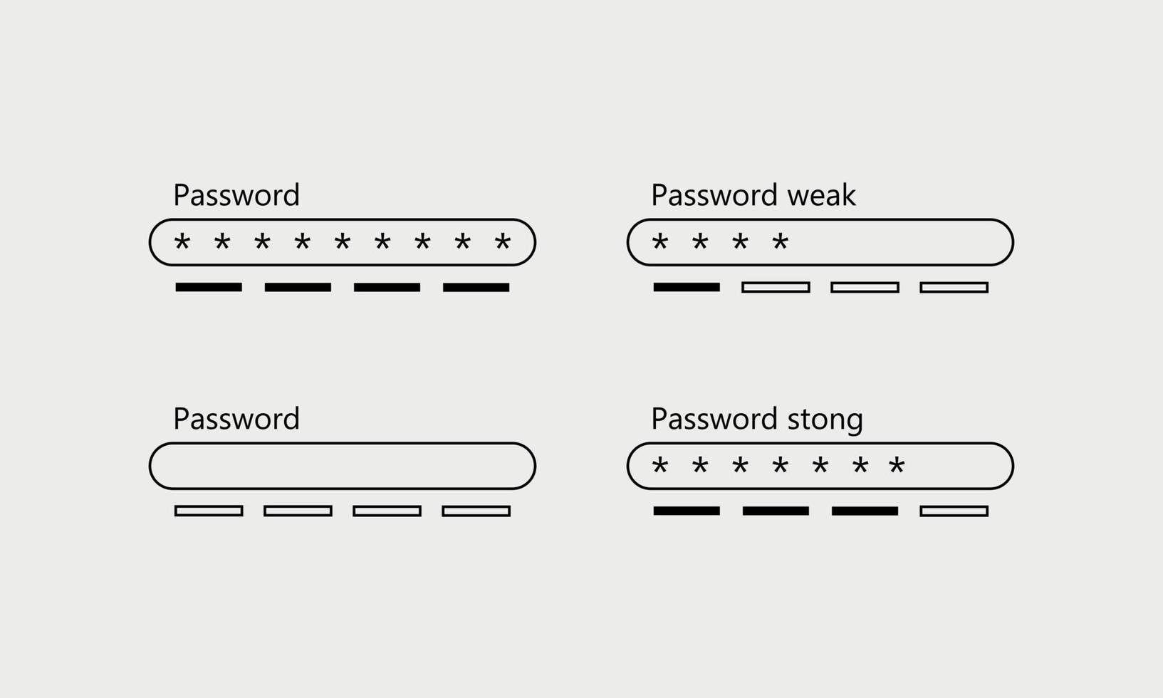 Password weakand strong interface.   Security bar. Safety requirement. Form template for website. Vector illustration