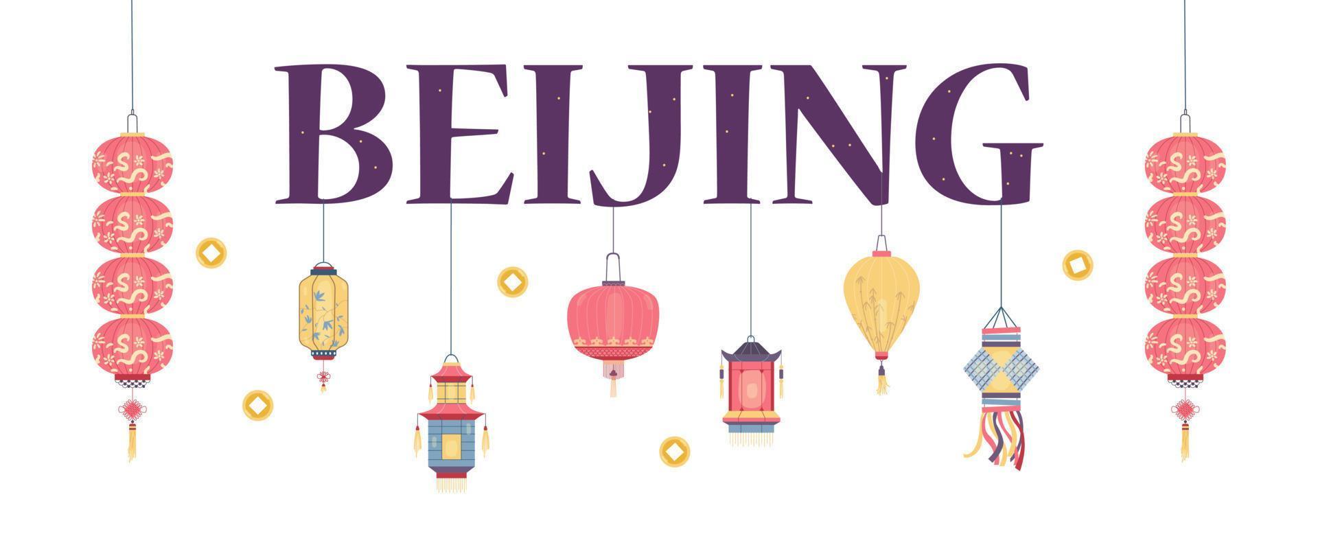 Welcome to Beijing vector banner with traditional chinese lanterns.