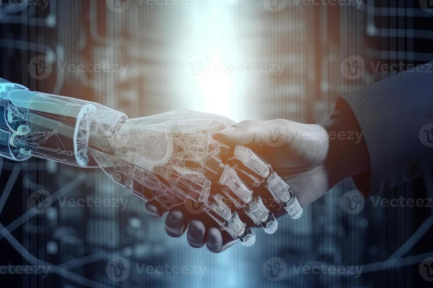 Ai and human hand shake. Machine handshake. Generate Ai photo