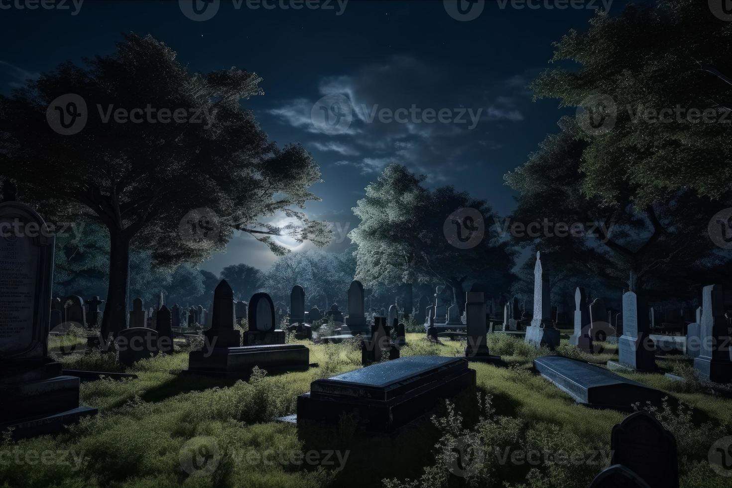 Old cemetery on a moonlit night. Generate Ai photo