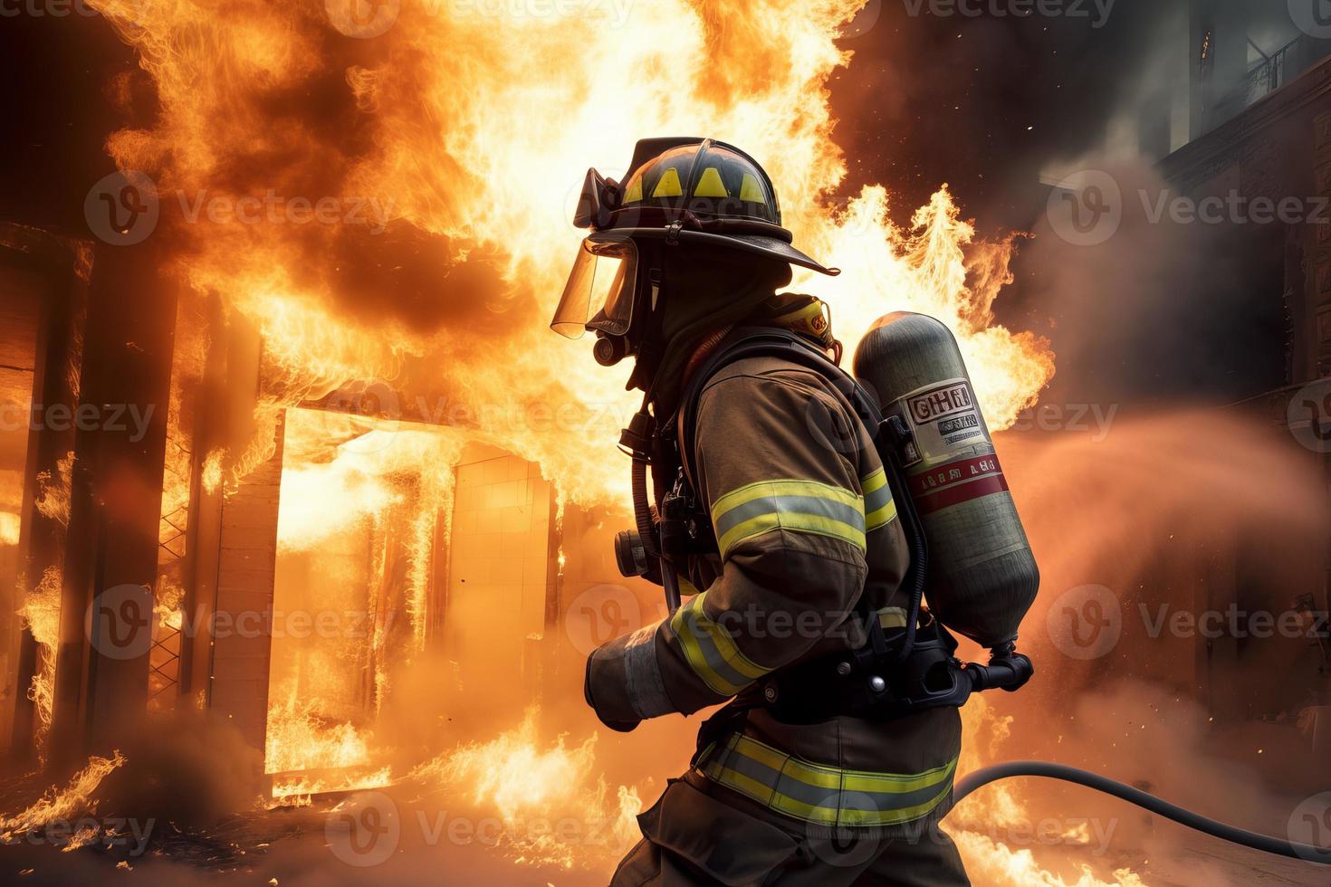 Firefighter in fire. Generate Ai photo