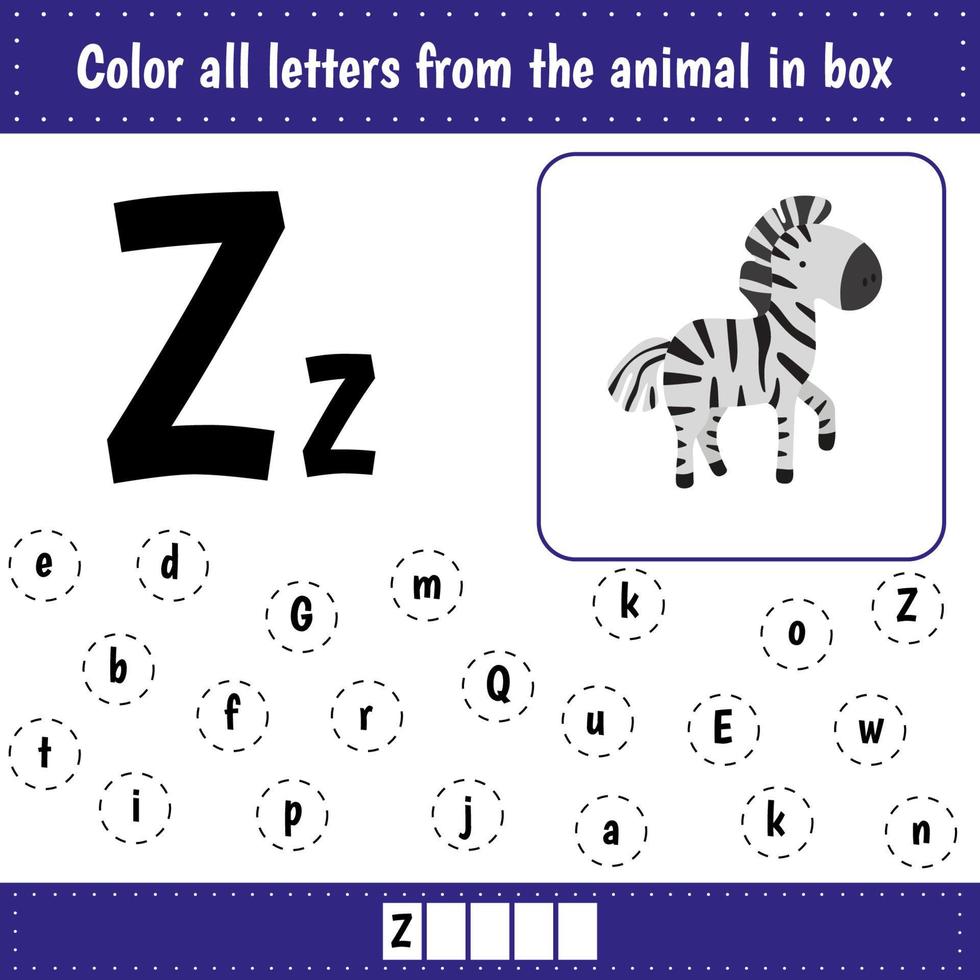 aprendizaje Inglés alfabeto. letras reconocimiento. color todas letras zz. educativo hoja de cálculo para colegio y jardín de infancia. z es para cebra. vector