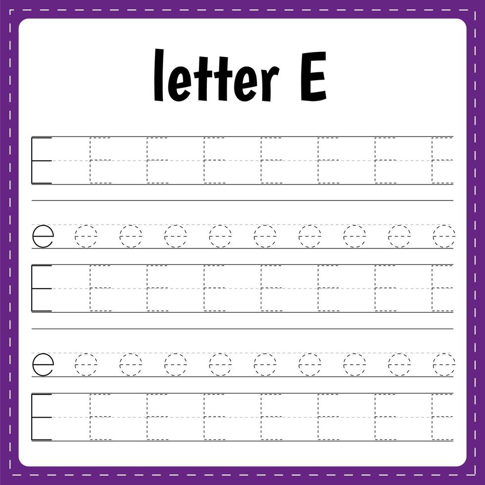 Writing letters. Tracing page. Practice sheet. Worksheet for kids. Learn alphabet. Letter E vector