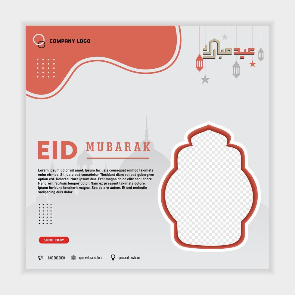 islamic greeting eid mubarak card square background grey white orange color design for islamic party vector