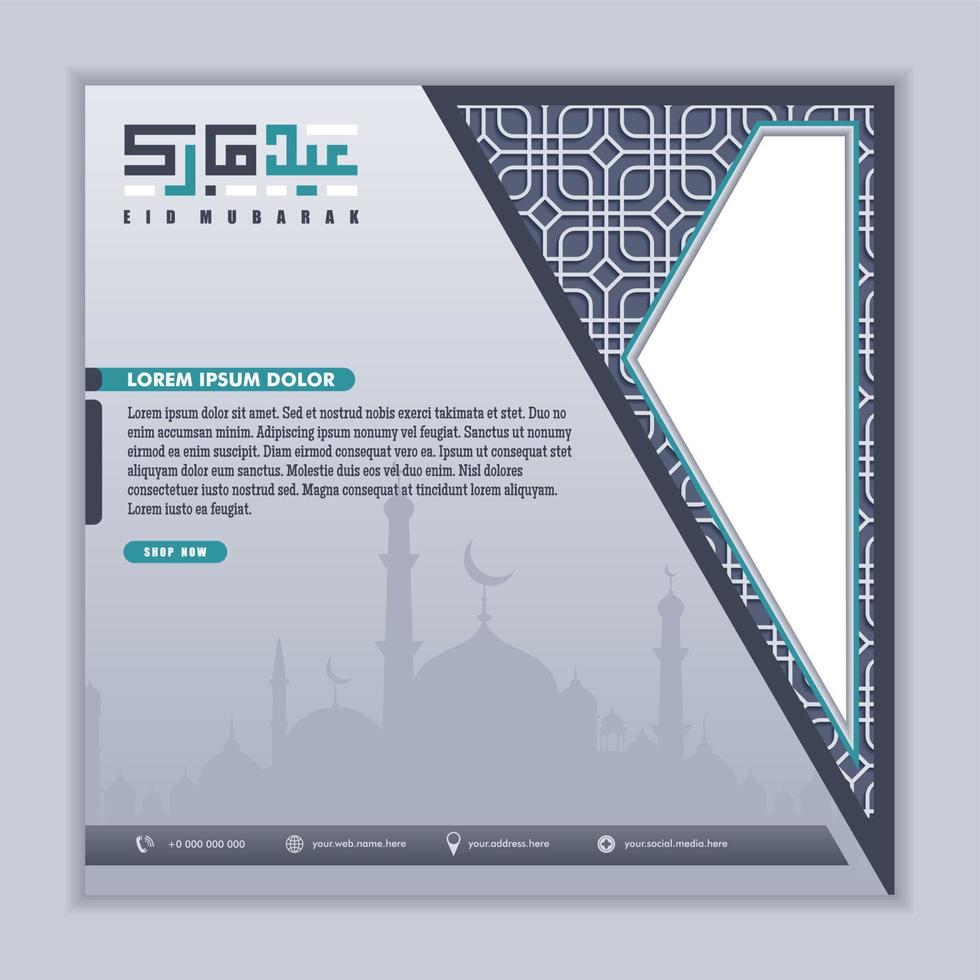 islamic greeting eid mubarak card square background grey black blue color design for islamic party vector