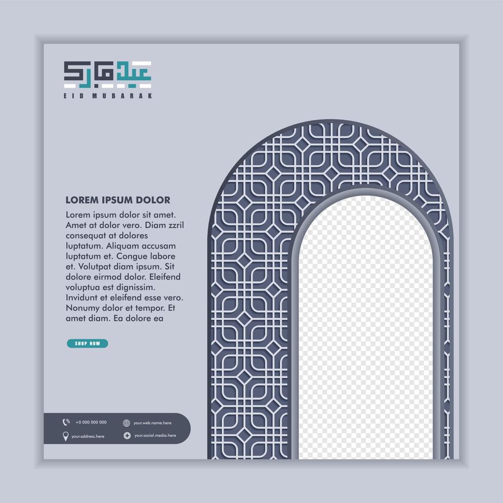 islamic greeting eid mubarak card square background grey black blue color design for islamic party vector