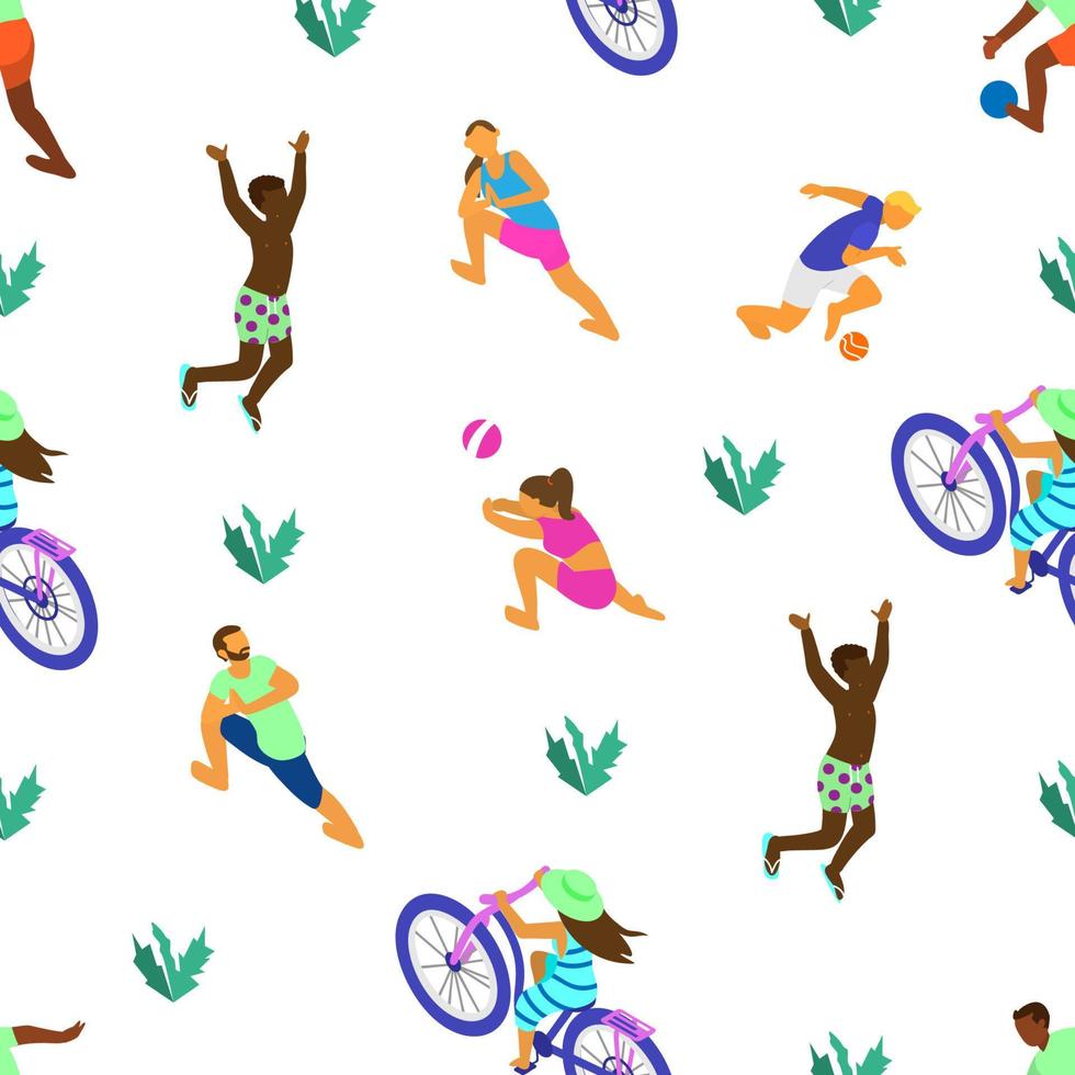 Vector seamless pattern with tiny isometric people of different ethnicity doing summer sports. Summer activities .