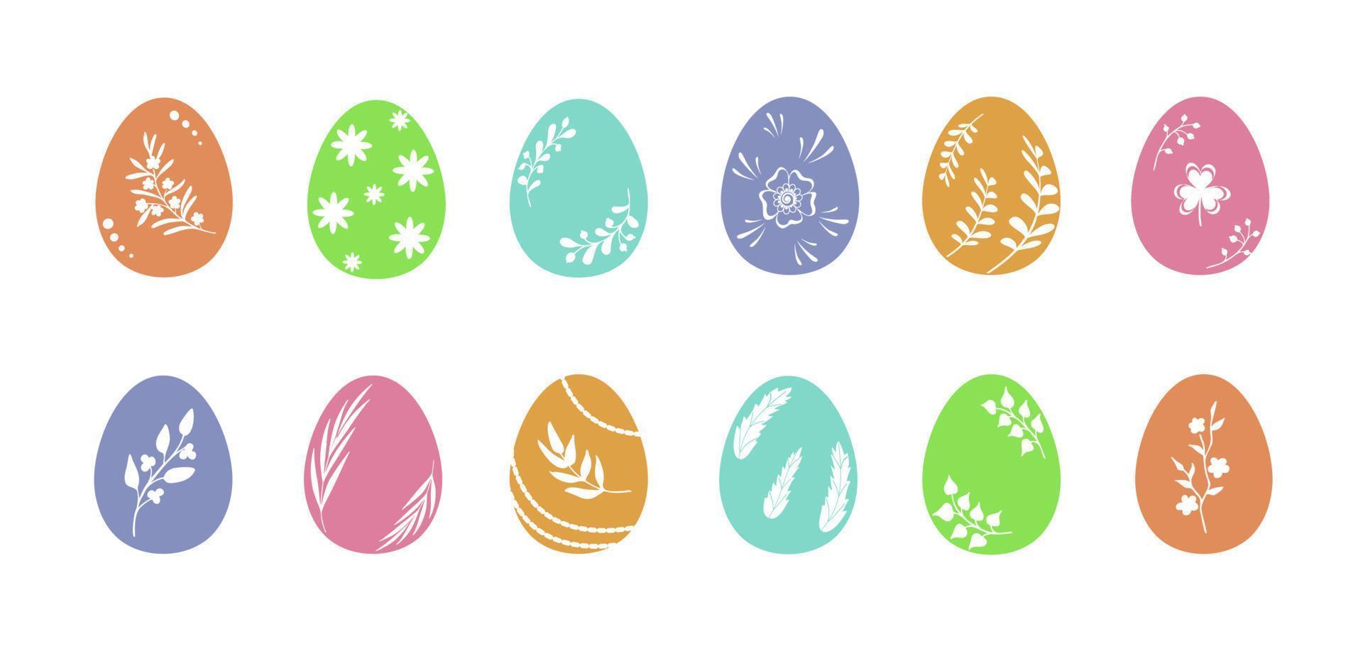 Easter eggs in muted colors with herbal and floral ornaments. Set of modern symbols, artistic flat vector objects