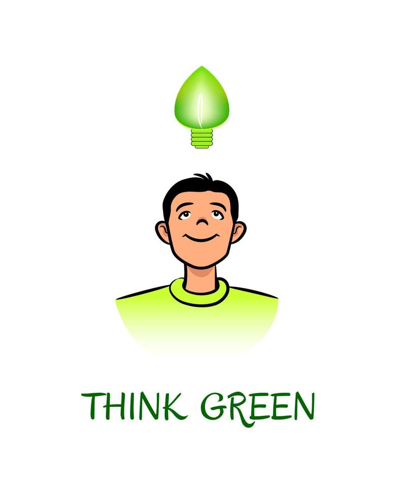 Think Green, smiling young man and a leaf bulb vector