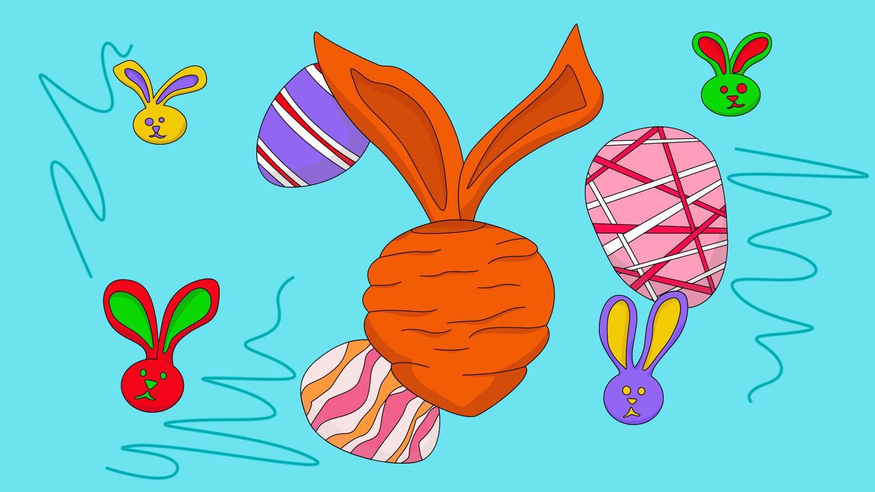 Easter background with carrot bunny ears and multicolored little bunnies. suitable for invitations and letters vector