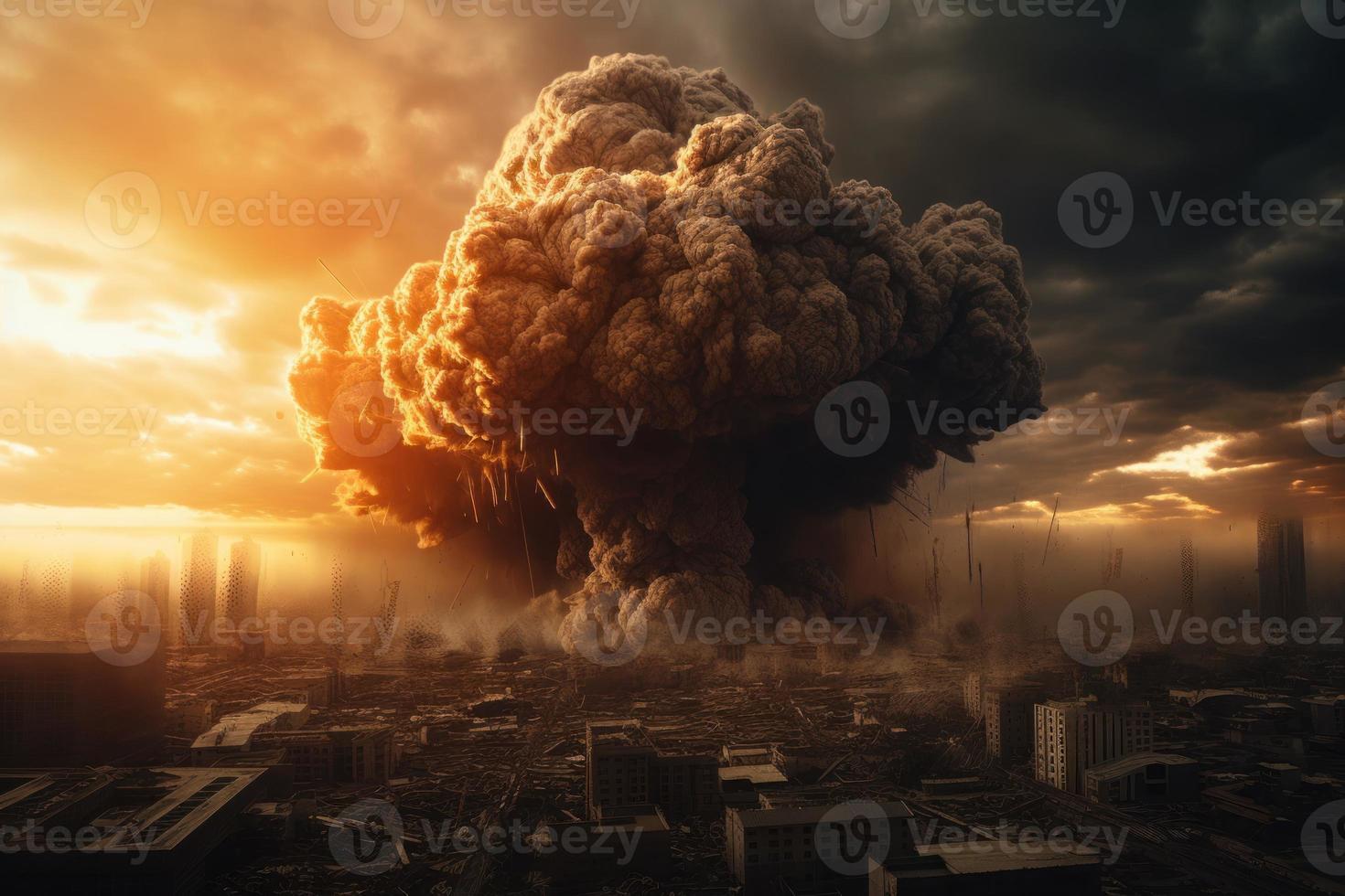 Apocalyptic epic scene in city. End of the world with big explosion. Generate Ai photo