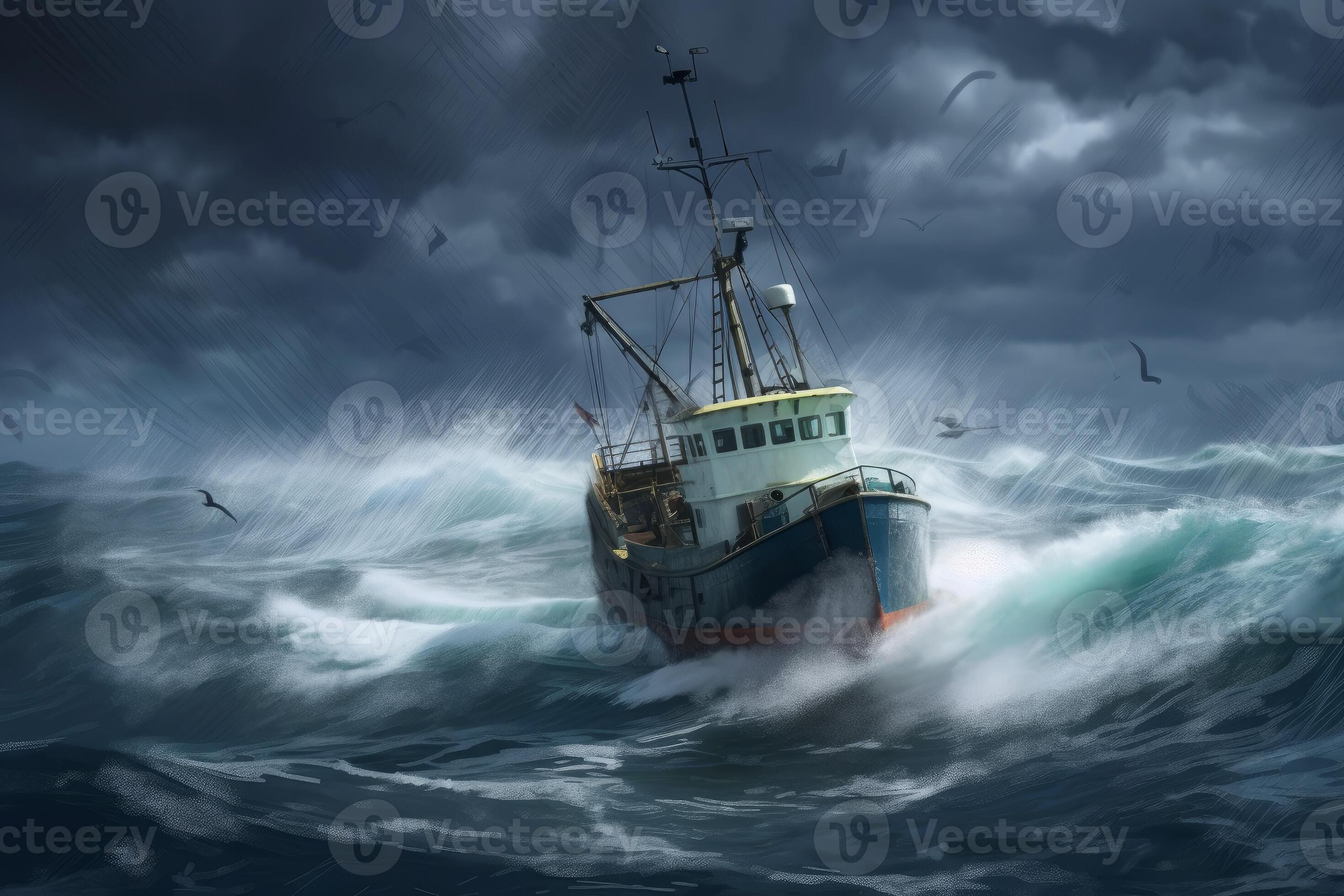 Fishing boat storm thunder. Tropical water storm. Generate Ai 22390600