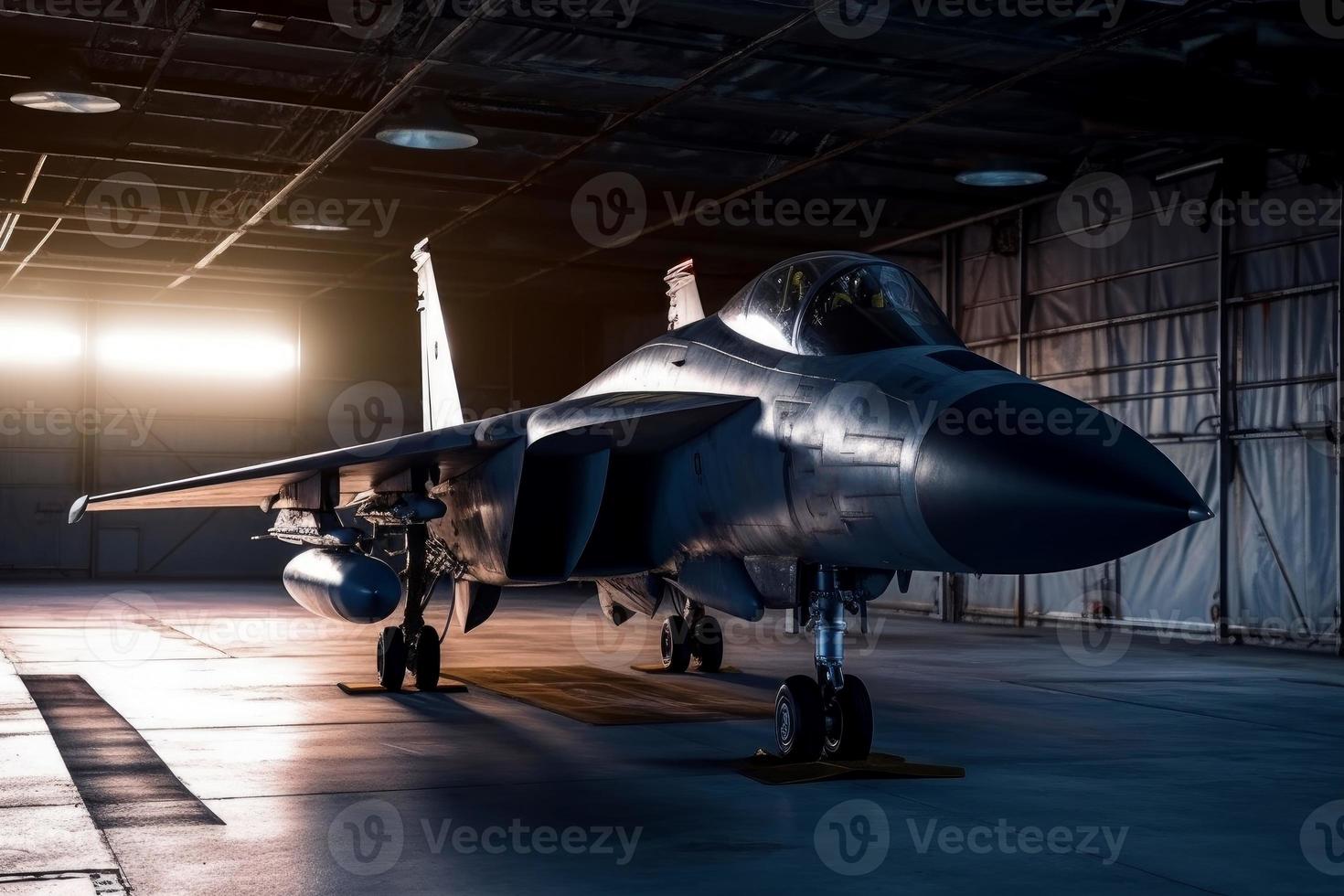 militar chorro en hangar. generar ai foto