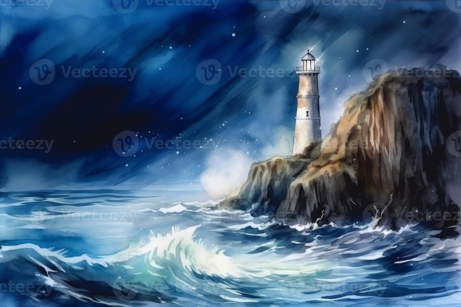 Illuminated lighthouse. Generate Ai photo