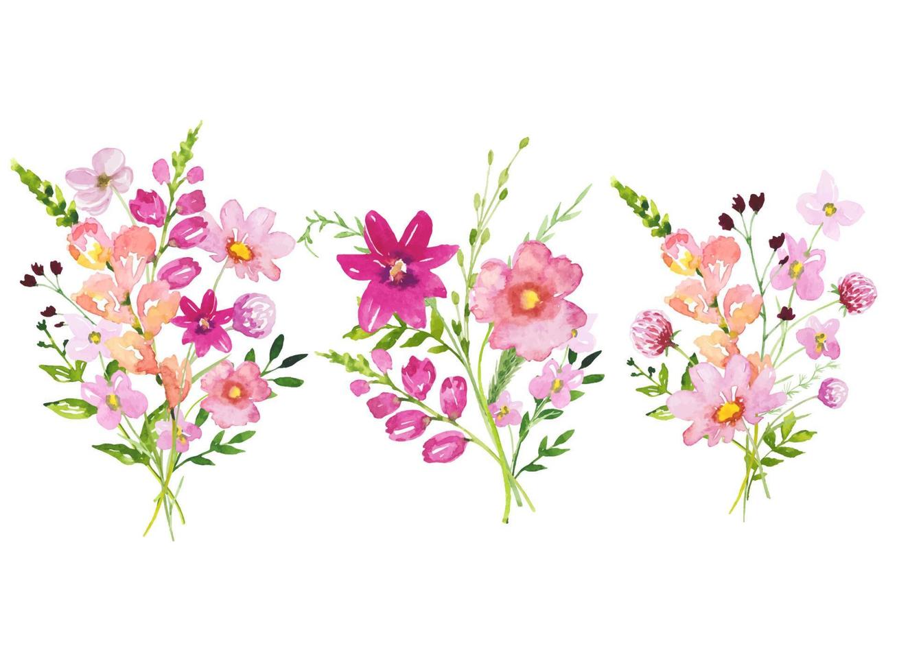Set of bouquets with meadow pink flowers and leaves. Watercolor floral illustration vector