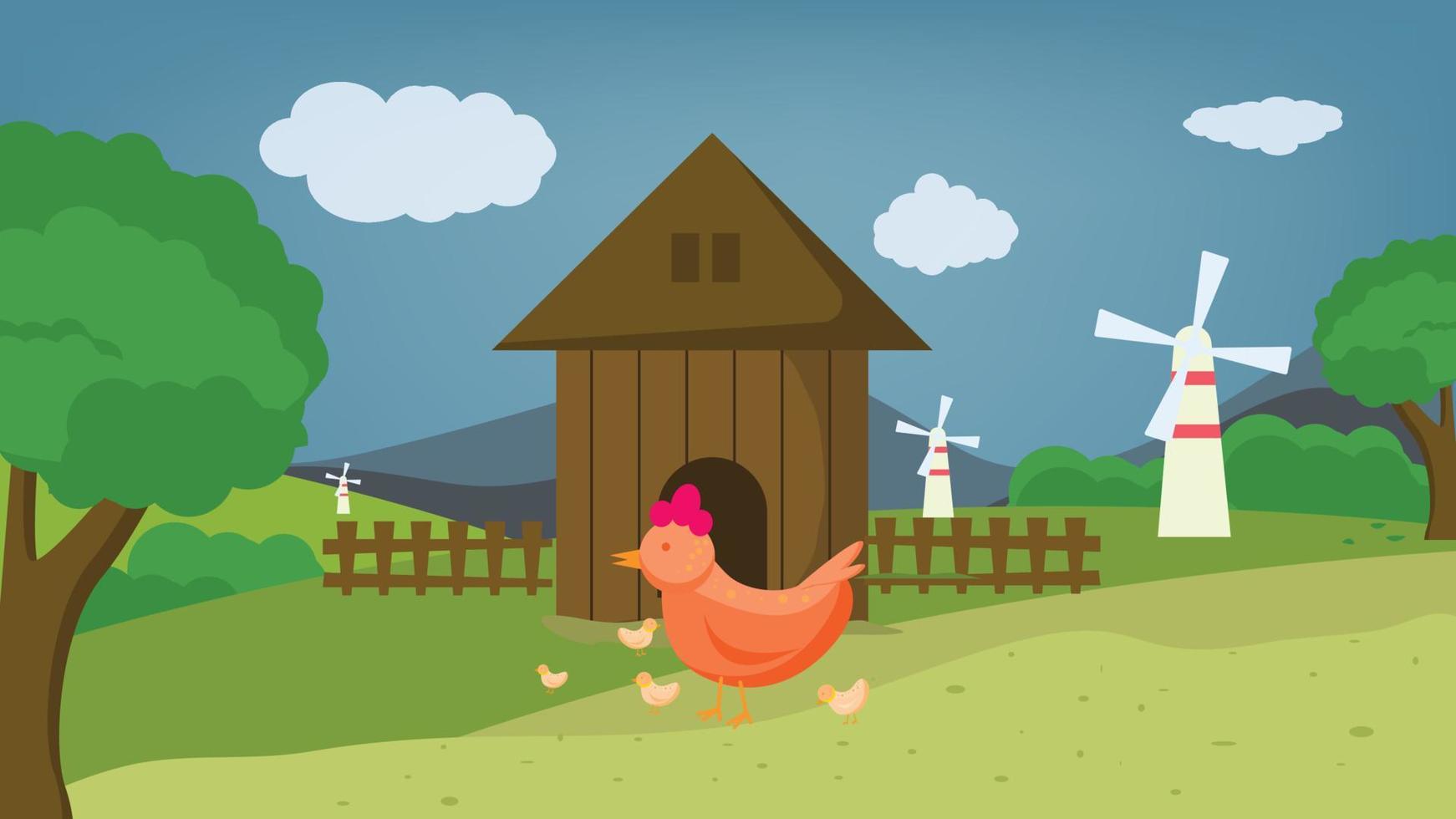 pollo granja antecedentes dibujos animados. pollo casa, tierra, molino, puerta, montaña, nubes vector ilustración.