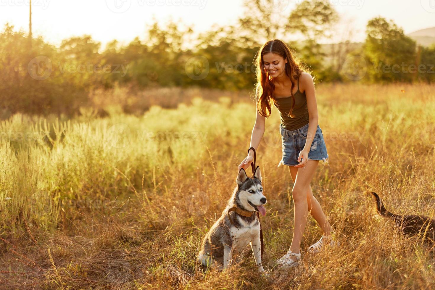 A woman laughs and plays with a dog in nature in a field smiling hugging a husky dog photo