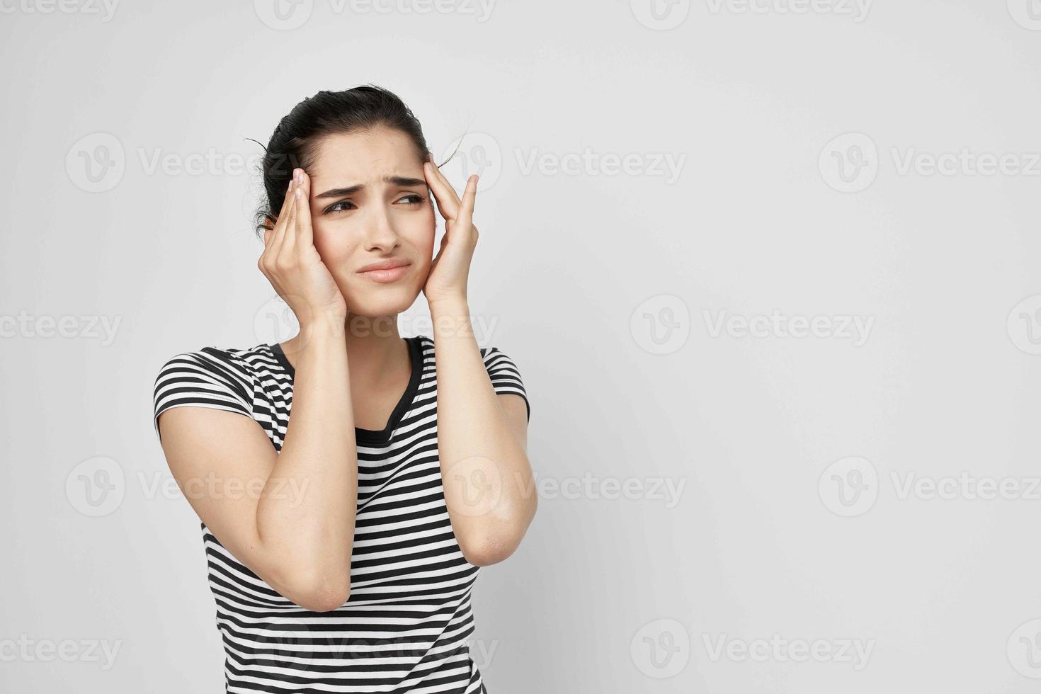 woman headache painful syndrome discomfort isolated background photo