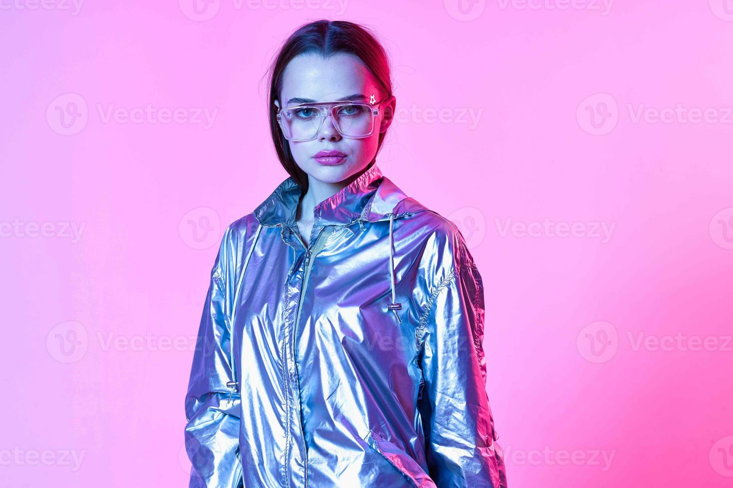 pretty woman makeup silver jacket luxury glamor pink background photo