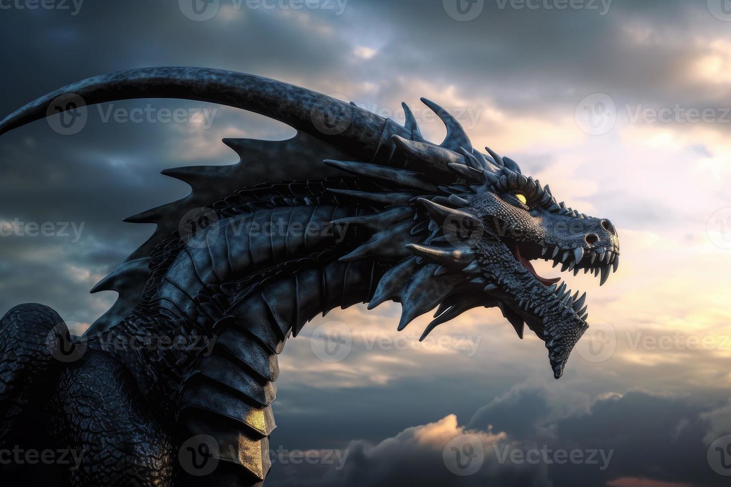 Black fantastic dragon. Fantasy monster. Generate Ai photo