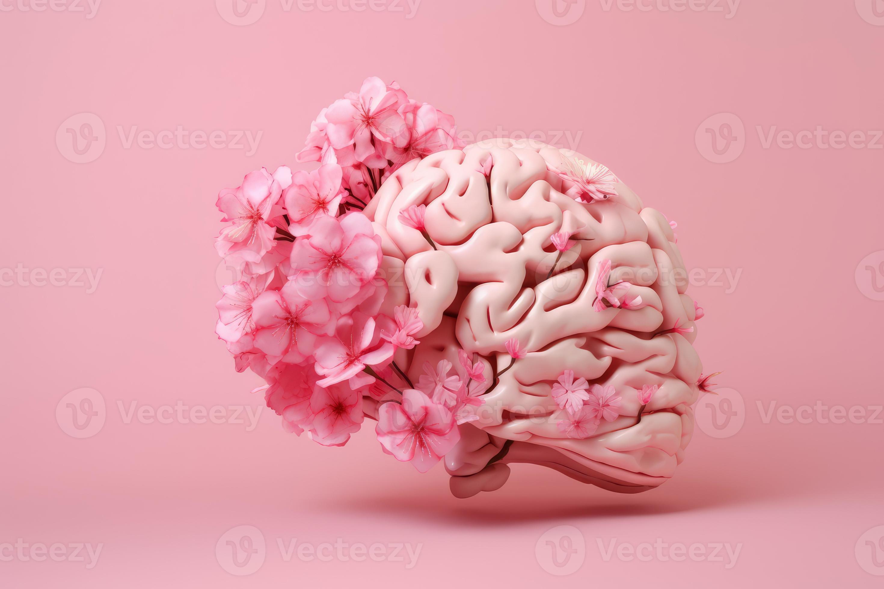 Mental health brain on pink background. Flower human health. Generate
