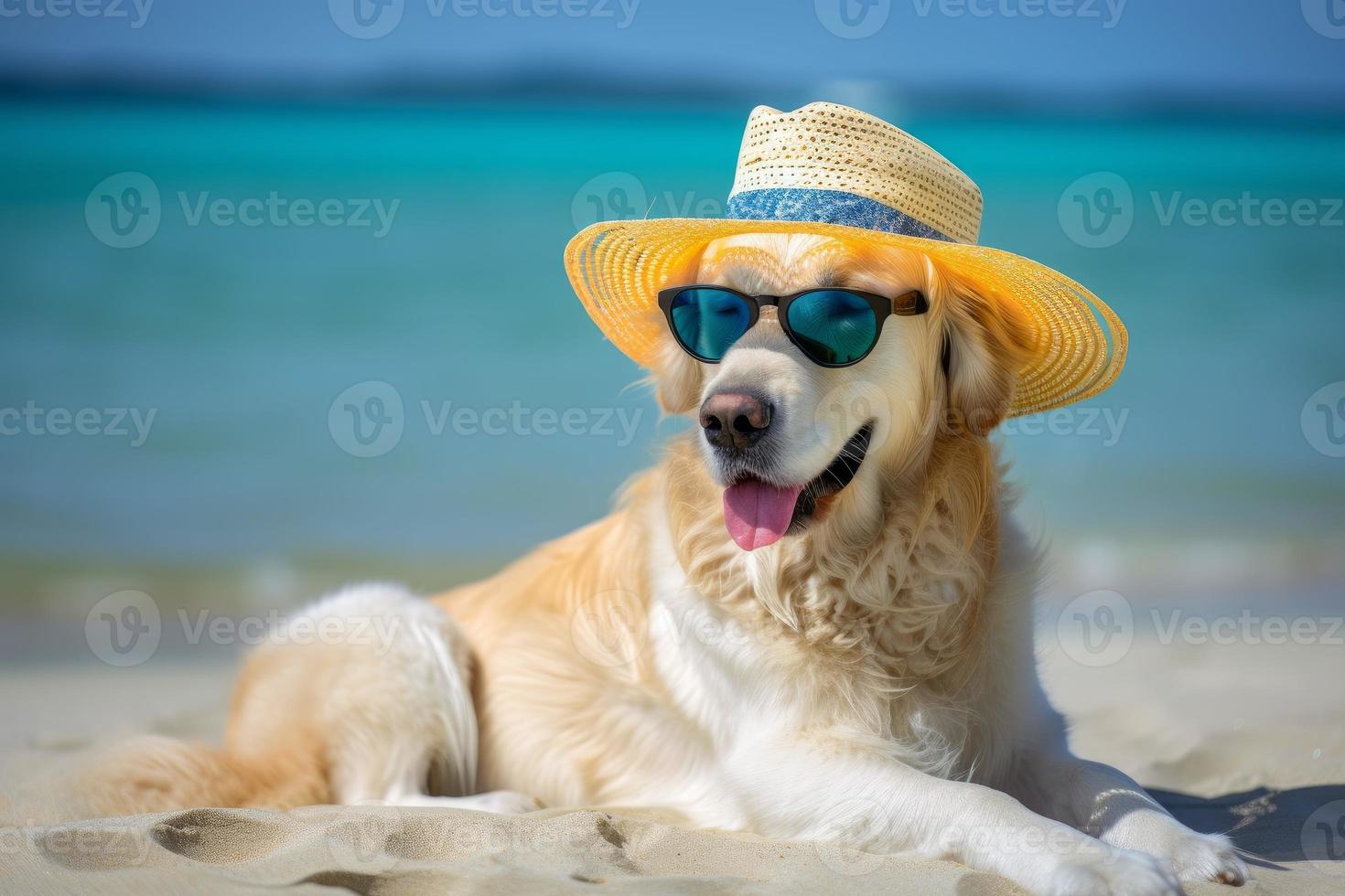 Dog on vacation. Summer sea beach. Generate Ai photo