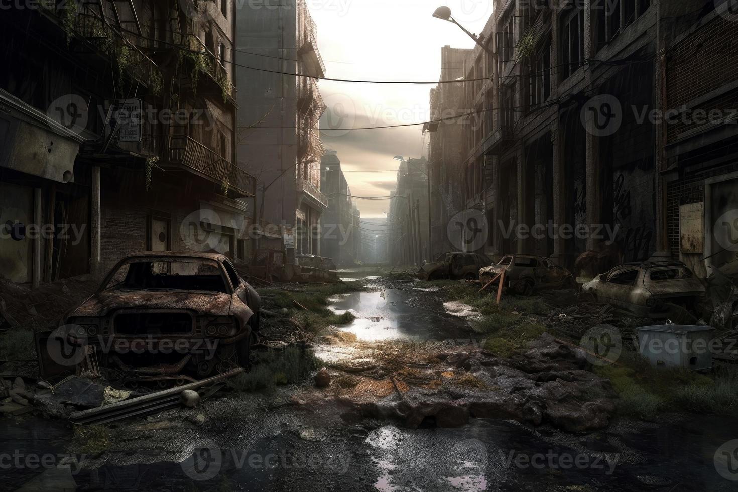 Post apocalyptic street. City destruction. Generate Ai photo