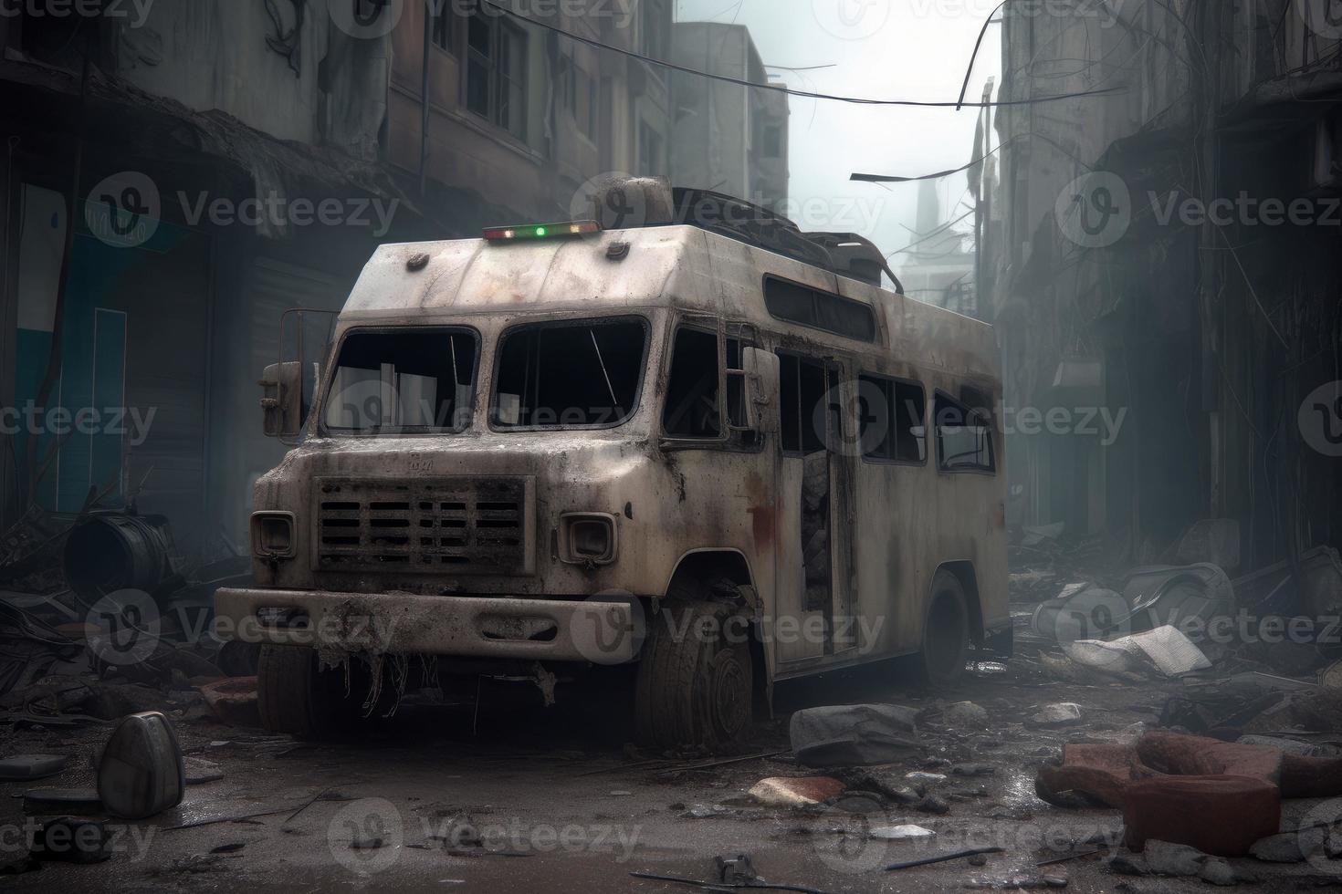 Ambulance burned warzone. Generate Ai photo