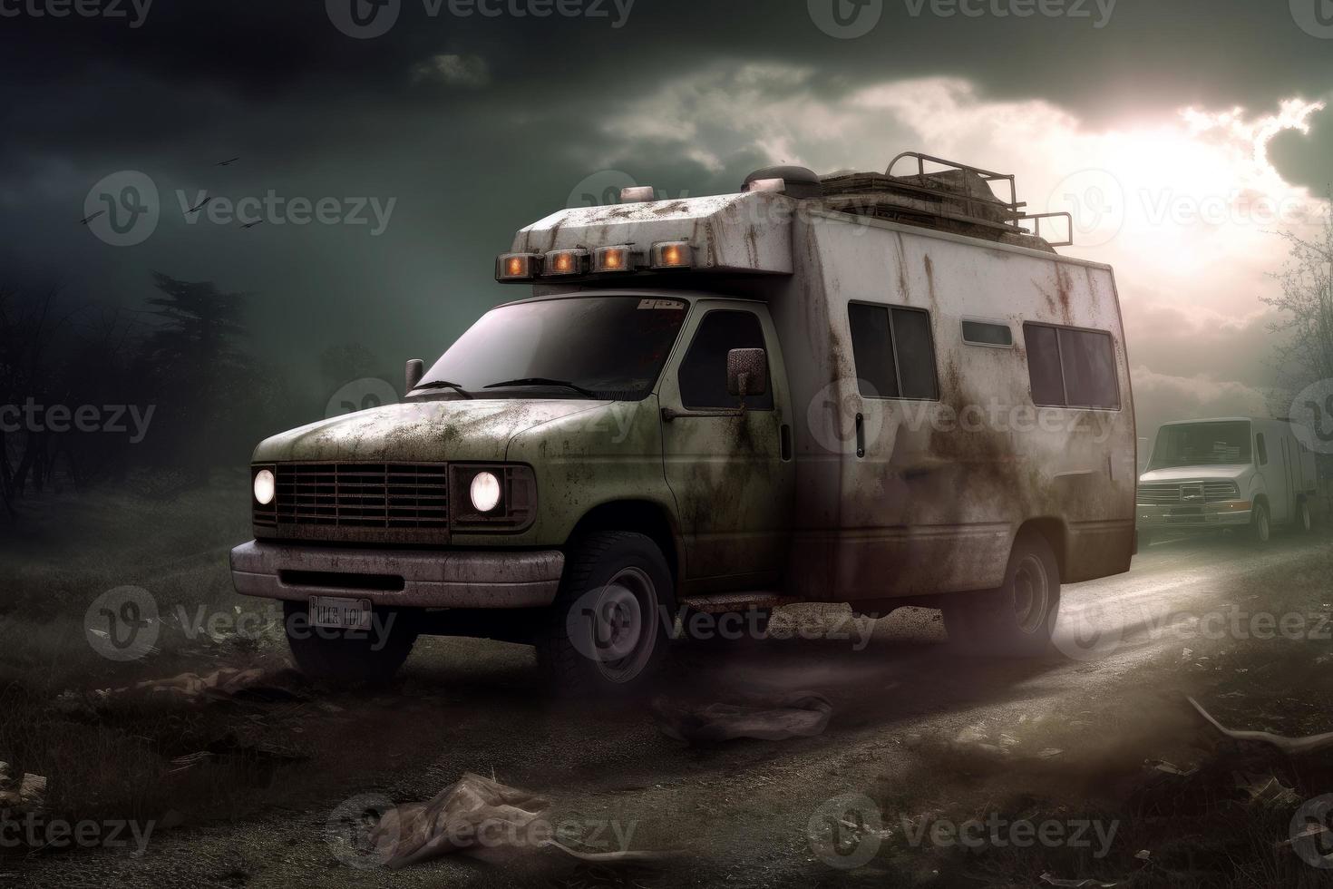 Destroyed ambulance war zone. Generate Ai photo