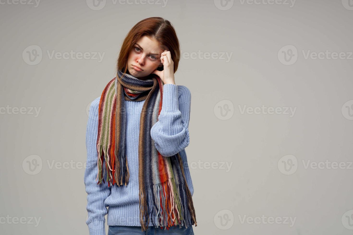 sick woman health problems temperature light background photo