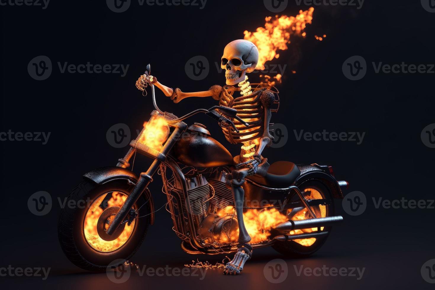 Human skeleton riding on fire motorbike. Speed race. Generate Ai photo