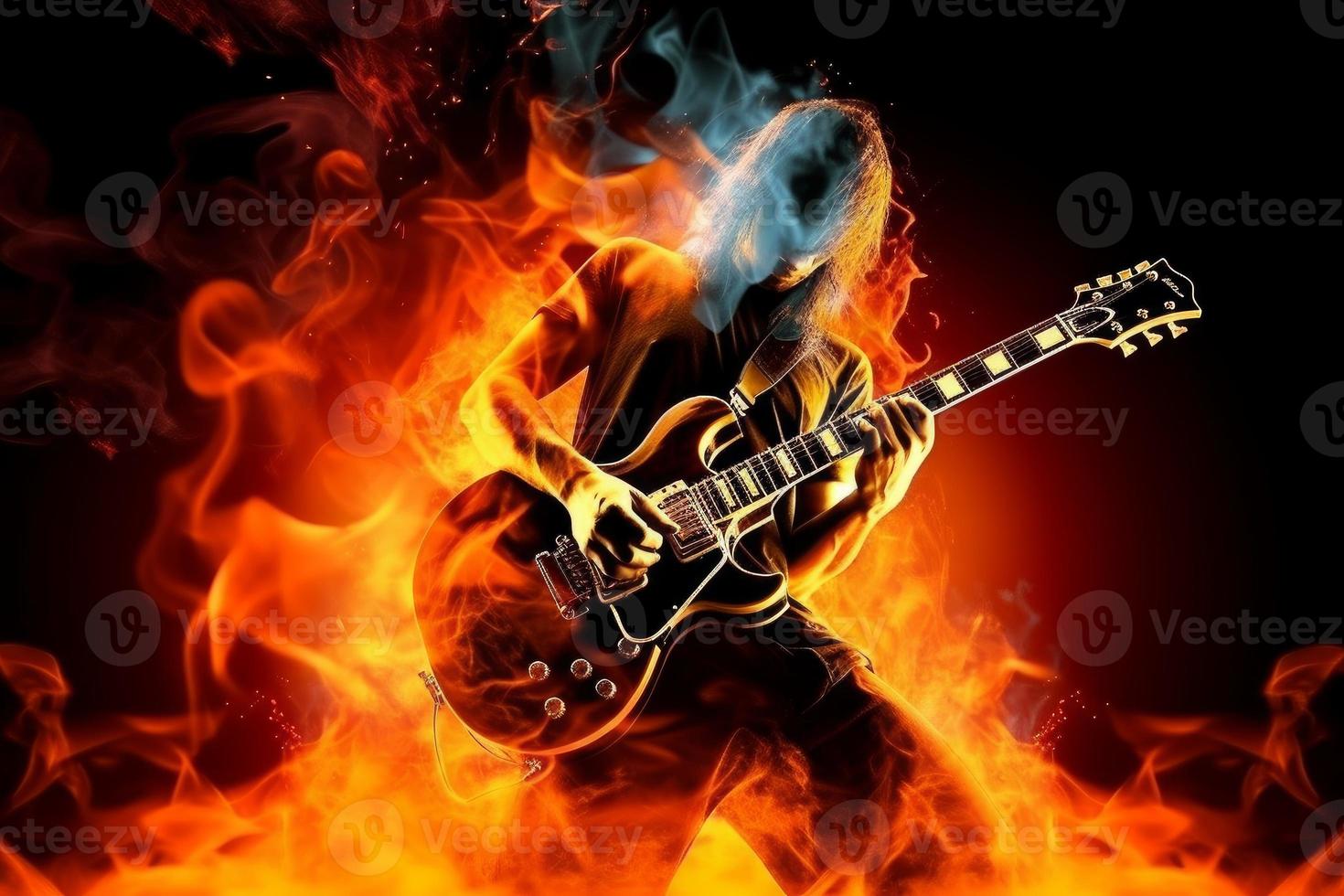 Guitarist take on fire. Rock stage music. Generate Ai photo