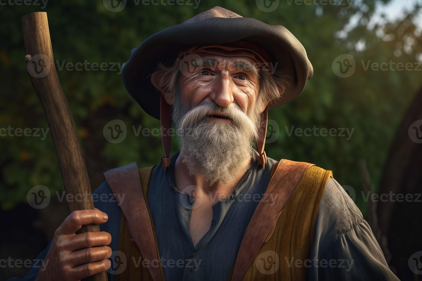 Old farmer man with stick. Generate Ai photo