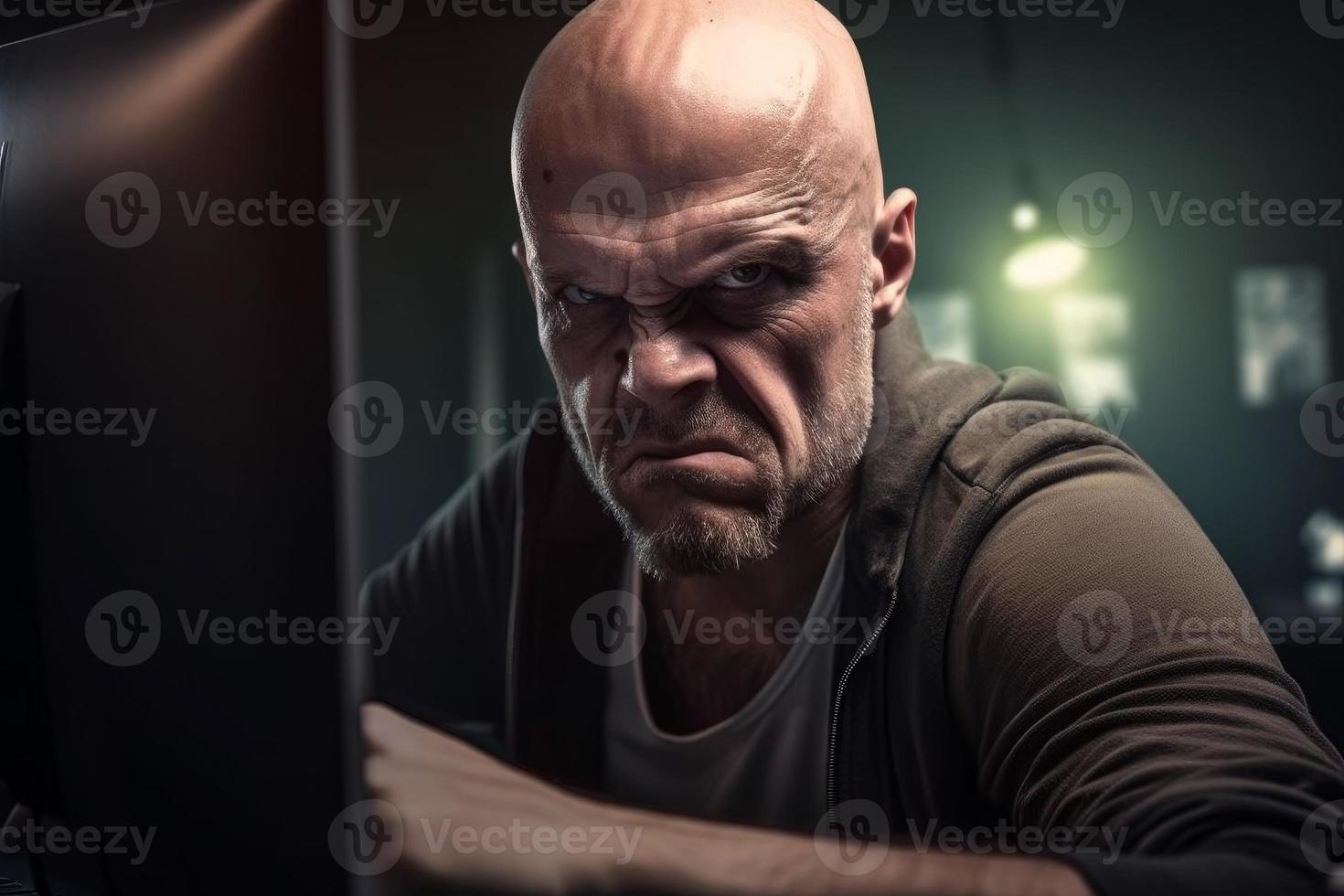 Angry man view. Sitting on computer. Generate Ai photo