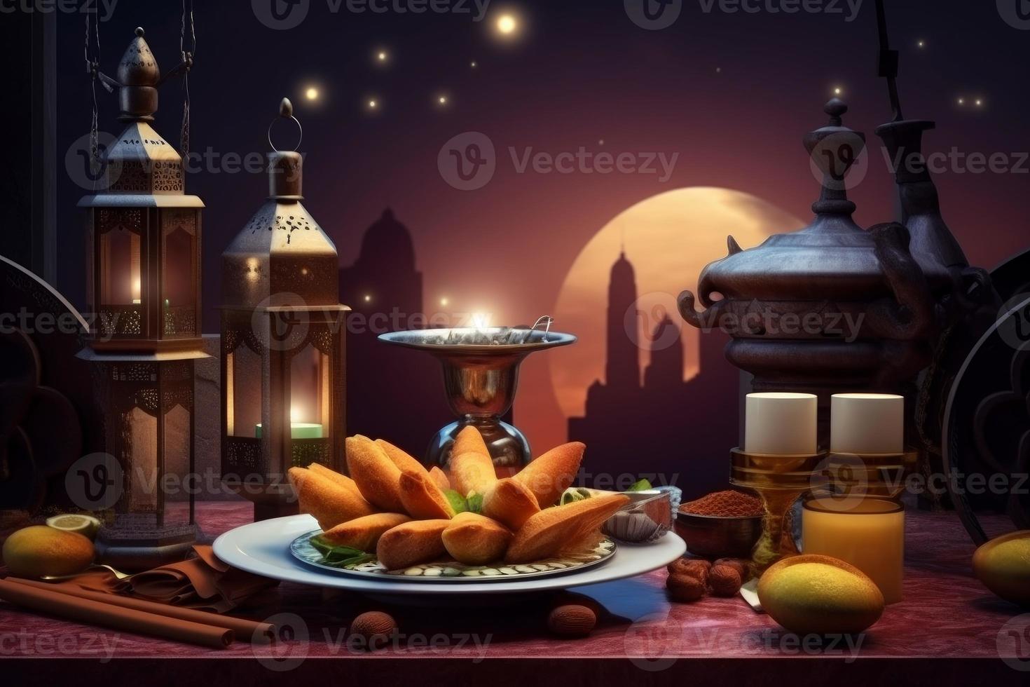 Ramadán Felicidades. comida linterna diseño. generar ai foto